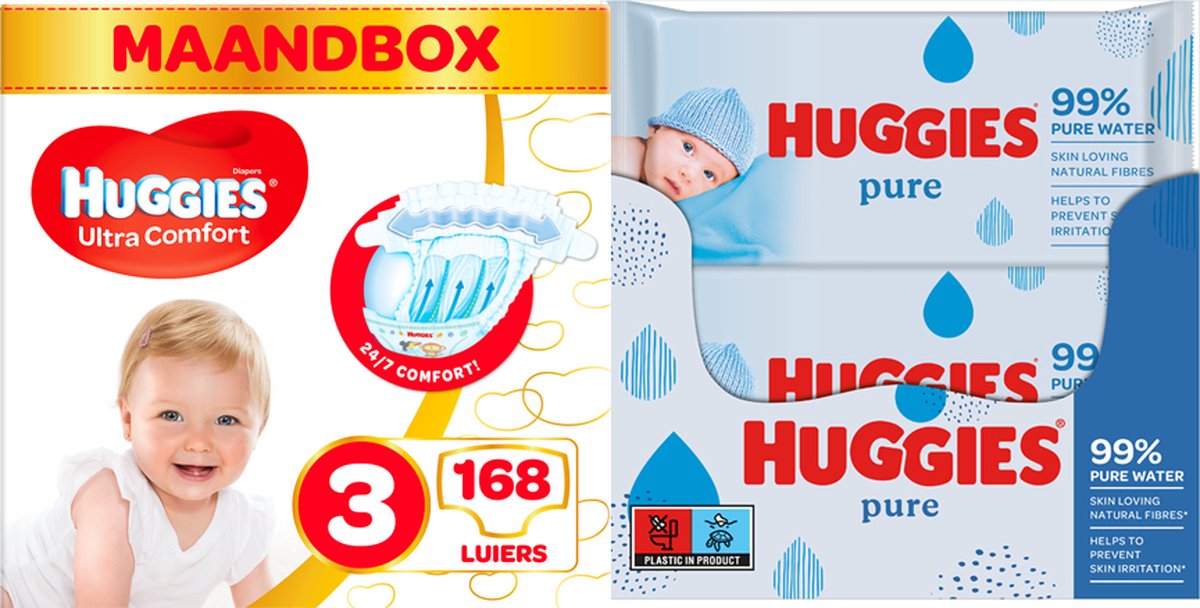 Goedkoopste Huggies luiers maat 3 (168 luiers) Huggies billendoekjes Pure (1008 doekjes