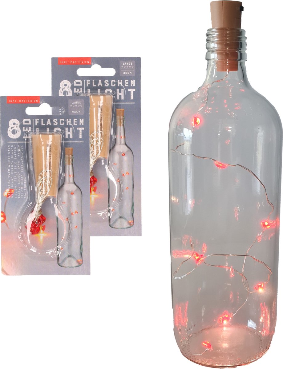 Set van 2x stuks kurk met LED hartjes lichtsnoer voor in wijnfles 80 cm - Flessen lampjes voor Valentijnsdag/huwelijk