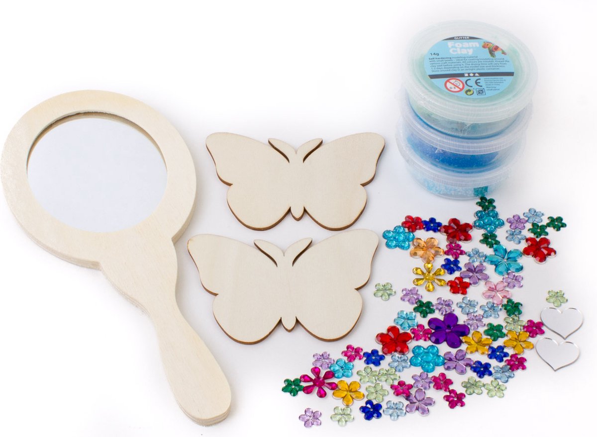 Creatief knutsel pakket foam clay handspiegel vlinders hout diy