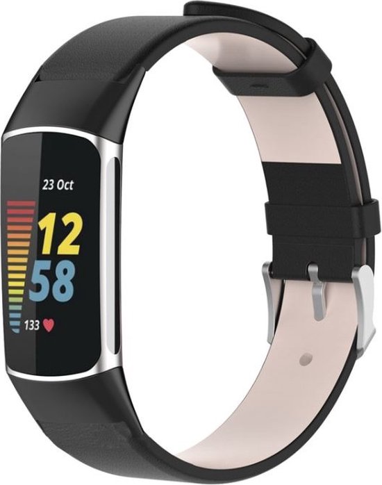 Leer Smartwatch bandje - Geschikt voor Fitbit Charge 5 / Fitbit Charge 6 leren bandje - zwart - Strap-it Horlogeband / Polsband / Armband