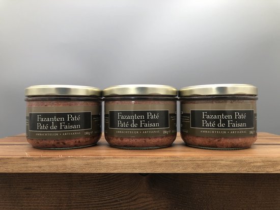 Fazanten paté - 3 x 180g - De Veurn' Ambachtse - set van 3 x 180 gr bokaaltjes - Onweerstaanbare wildpastei, artisanaal bereid. Past perfect op ieder aperitiefbord, ook lekker op brood.