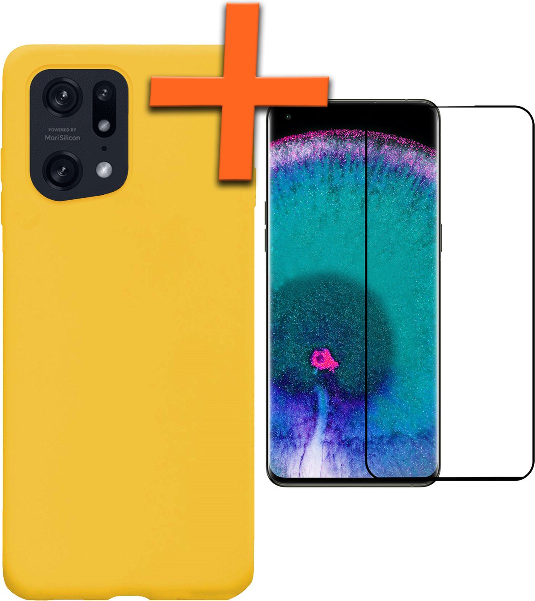 Hoes - Met Screenprotector - Geschikt voor OPPO Find X5 - Sterk & Shockproof - Back Cover - Siliconen Case - Telefoon Hoes - Geel