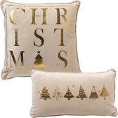 Set van 2 kerst sierkussens - wit en goud - 1x CHRISTMAS - 1x TREES - inclusief polyester vulling - zachte stoffen - sfeerkussens