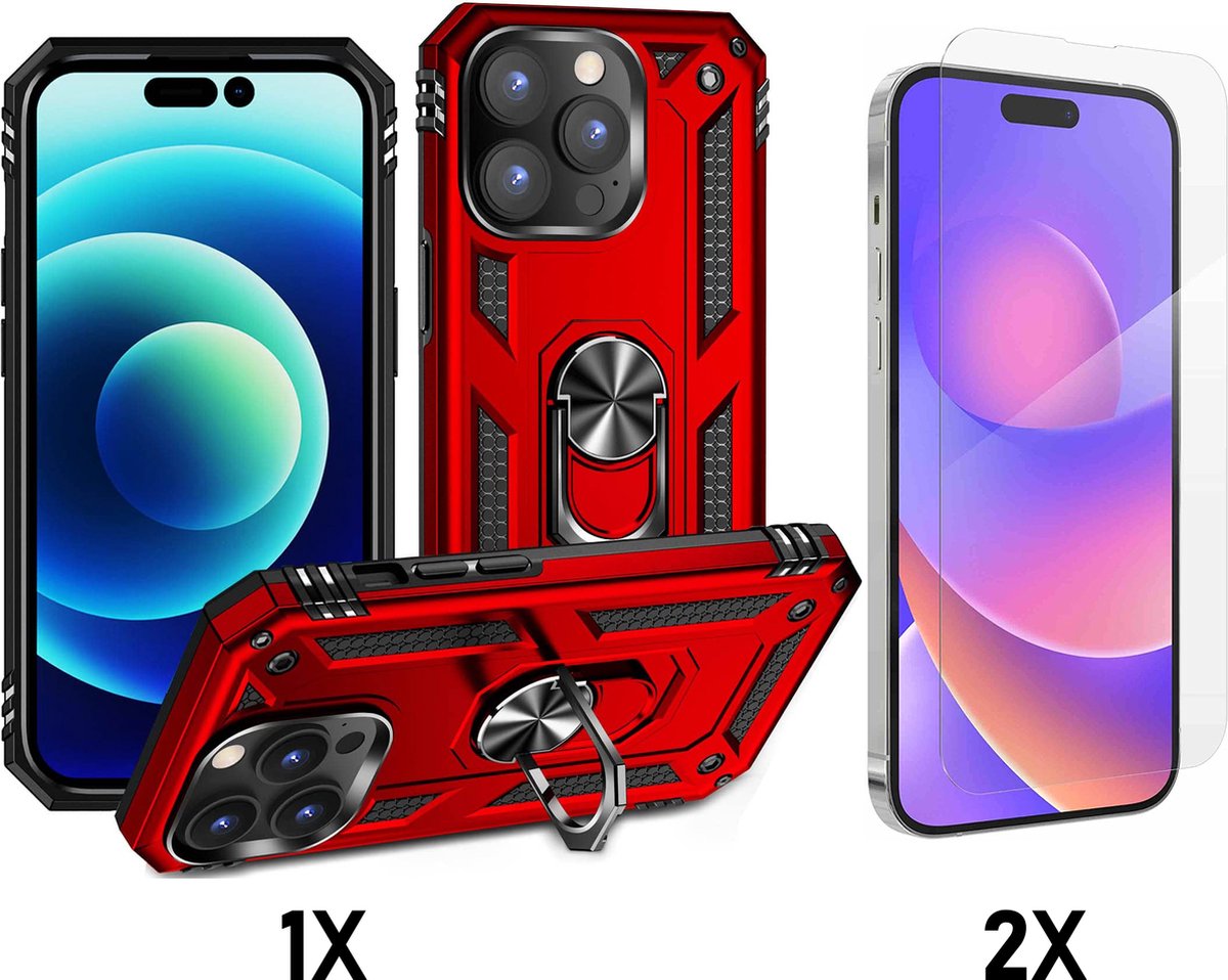 Casemania Hoesje Geschikt voor Apple iPhone 14 Pro Max - Rood / 2X Glazen Screenprotector - Anti-Shock Hybrid Armor Back Cover - Hoes met Kickstand Ring