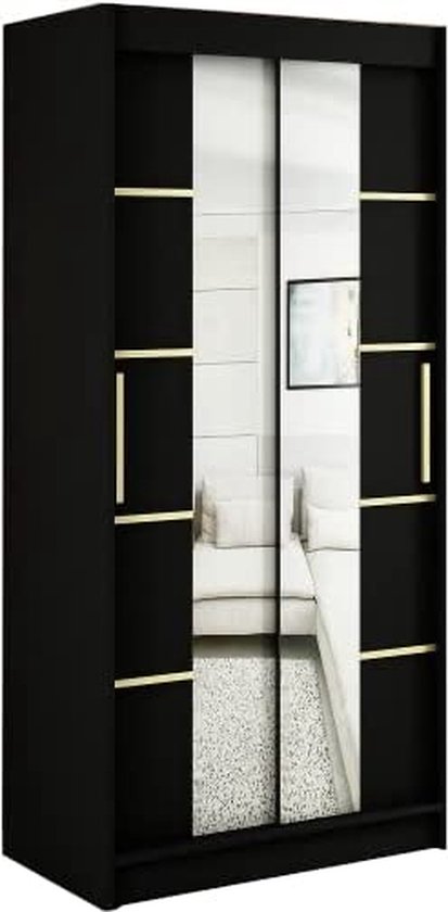 InspireMe - Kledingkast met 2 schuifdeuren, Modern-stijl, Een kledingkast met planken en een spiegel (BxHxD): 100x200x62 - KAIR V4 100 Zwart Mat + Gouden met 2 lades