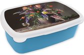 Broodtrommel Blauw - Lunchbox - Brooddoos - Stilleven - Wijn - Bloemen - 18x12x6 cm - Kinderen - Jongen