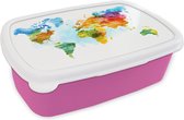 Broodtrommel Roze - Lunchbox - Brooddoos - Wereldkaart - Waterverf - Regenboog - Kinderen - Jongens - Meisjes - 18x12x6 cm - Kinderen - Meisje
