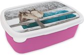Broodtrommel Roze - Lunchbox - Brooddoos - Paarden - Deken - Sneeuw - 18x12x6 cm - Kinderen - Meisje