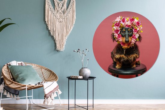 Chien avec une couronne de fleurs en forme de coeur Assiette en plastique cercle mural ⌀ 150 cm XXL / Groot format!