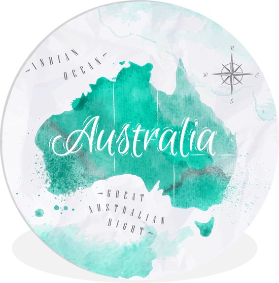 WallCircle - Wandcirkel ⌀ 30 - Wereldkaart - Australië - Turquoise - Ronde schilderijen woonkamer - Wandbord rond - Muurdecoratie cirkel - Kamer decoratie binnen - Wanddecoratie muurcirkel - Woonaccessoires