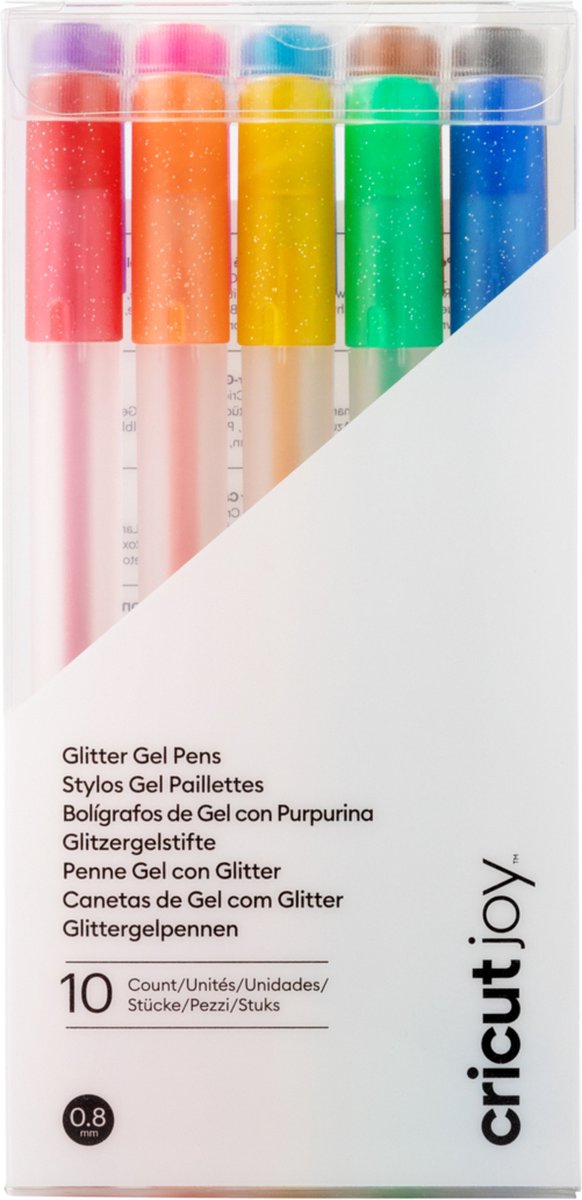 Cricut Joy™ Glitzer Gel 0,8mm, 10er Stiftset Blauw, Geel, Oranje, Groen, Rood, Zwart, Bruin, Lichtblauw, Roze, Lila