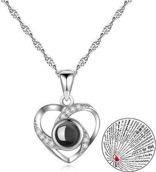 GreatGift®- Love Heart Necklace - 100 Talen - Love Necklace - Argenté - Je t'aime - dans un sac cadeau de luxe