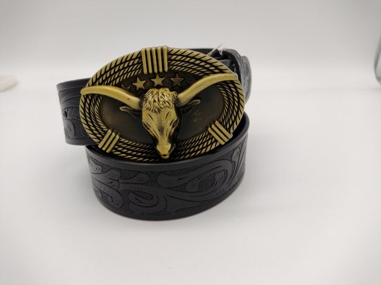 Foto: Rr22 83 zw 130 half longhorn ossekop buckle messingkl aan zwart leren riem zwart half longhorn skull flower deco 130cm