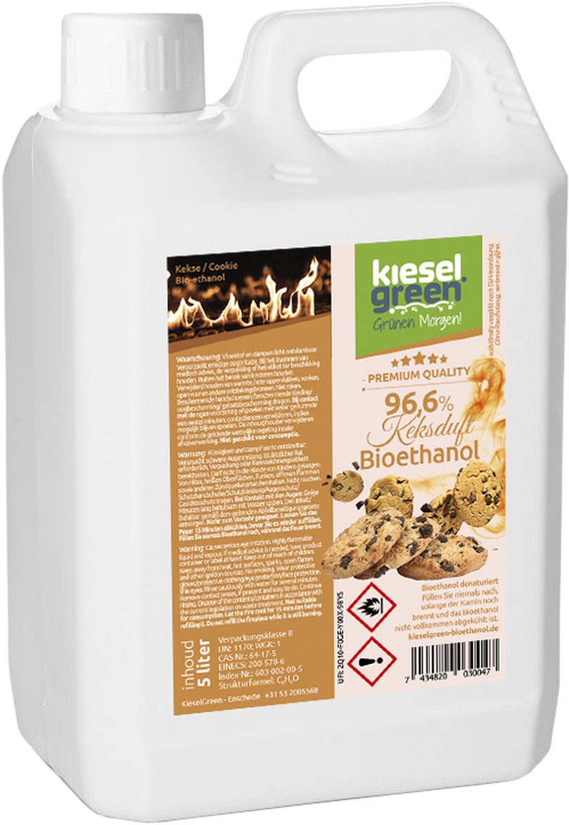KieselGreen 5 Liter Bio-Ethanol met Cookie Aroma - Bioethanol 96.6%, Veilig voor Sfeerhaarden en Tafelhaarden, Milieuvriendelijk - Premium Kwaliteit Ethanol voor Binnen en Buiten