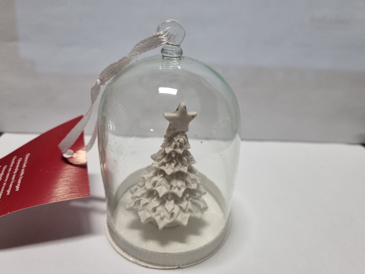 Kersthanger - stolp met kerstboom - wit - glas - 8 cm