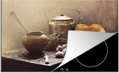 KitchenYeah® Inductie beschermer 80.2x52.2 cm - Stilleven - Pompoen - Knoflook - Pan - Tafel - Kookplaataccessoires - Afdekplaat voor kookplaat - Inductiebeschermer - Inductiemat - Inductieplaat mat