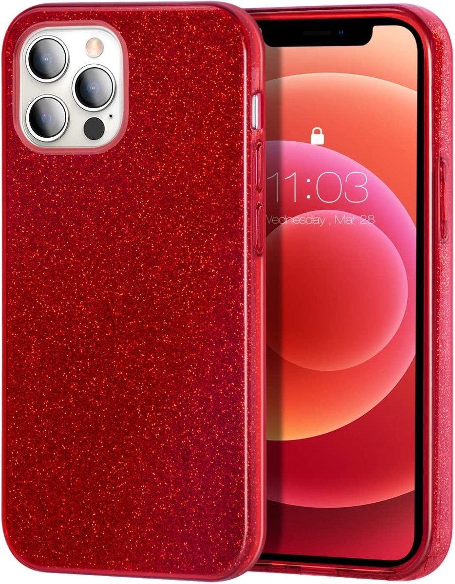 Geschikt voor iPhone 13 Pro hoesje glitter backcover – Rood – oTronica