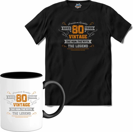 80 Jaar vintage legend - Verjaardag cadeau - Kado tip - T-Shirt met mok - Heren - Zwart - Maat XL