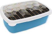 Broodtrommel Blauw - Lunchbox - Brooddoos - Goud - Hexagon - Chic - Patronen - Luxe - 18x12x6 cm - Kinderen - Jongen