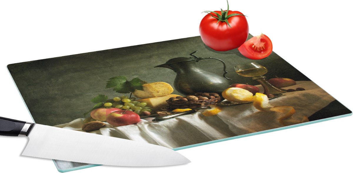 Glazen Snijplank - 39x28 - Rustiek - Kaas - Theekan - Fruit - Stilleven - Snijplanken Glas