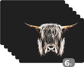 Placemat - Placemats kunststof - Schotse hooglander - Goud - Hoorns - Zwart wit - Koe - Dieren - 45x30 cm - 6 stuks - Hittebestendig - Anti-Slip - Onderlegger - Afneembaar