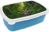 Broodtrommel Blauw - Lunchbox - Brooddoos - Jungle - Water - Bladeren - Zon - Natuur - 18x12x6 cm - Kinderen - Jongen