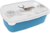 Broodtrommel Blauw - Lunchbox - Brooddoos - Hert - Winter - Sneeuw - Dieren - Seizoenen - Wit - 18x12x6 cm - Kinderen - Jongen