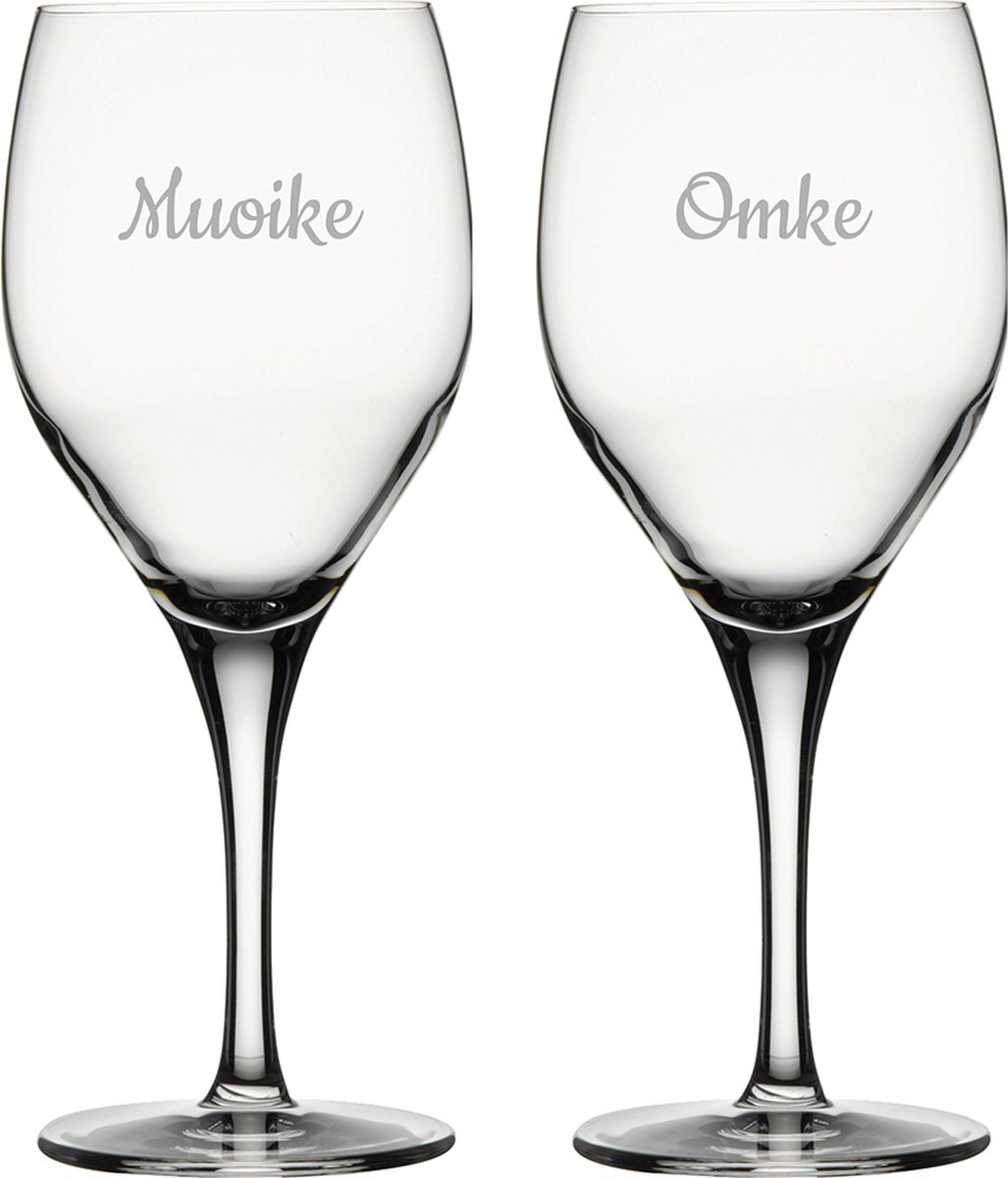 Gegraveerde witte wijnglas 34cl Muoike & Omke