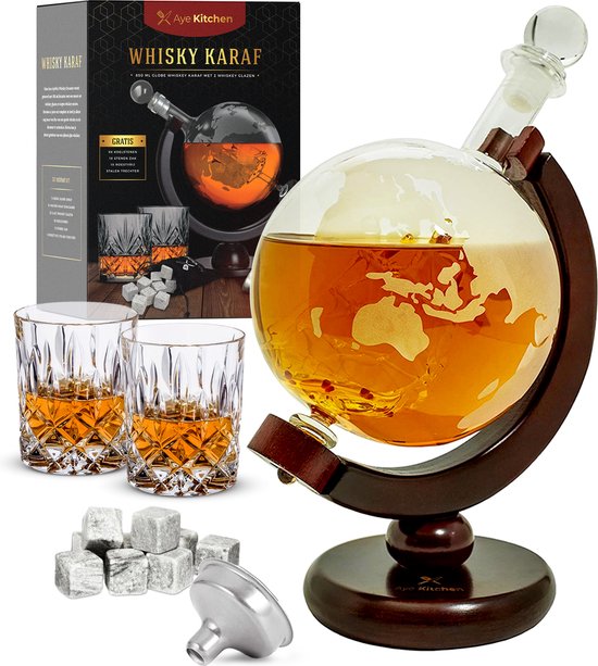 Aye Kitchen Whiskey Set – Decanteer Karaf – Inc. 2 Glazen, 9 Whiskey Stones met zakje, Schenktuitje – 0,9 L cadeau geven