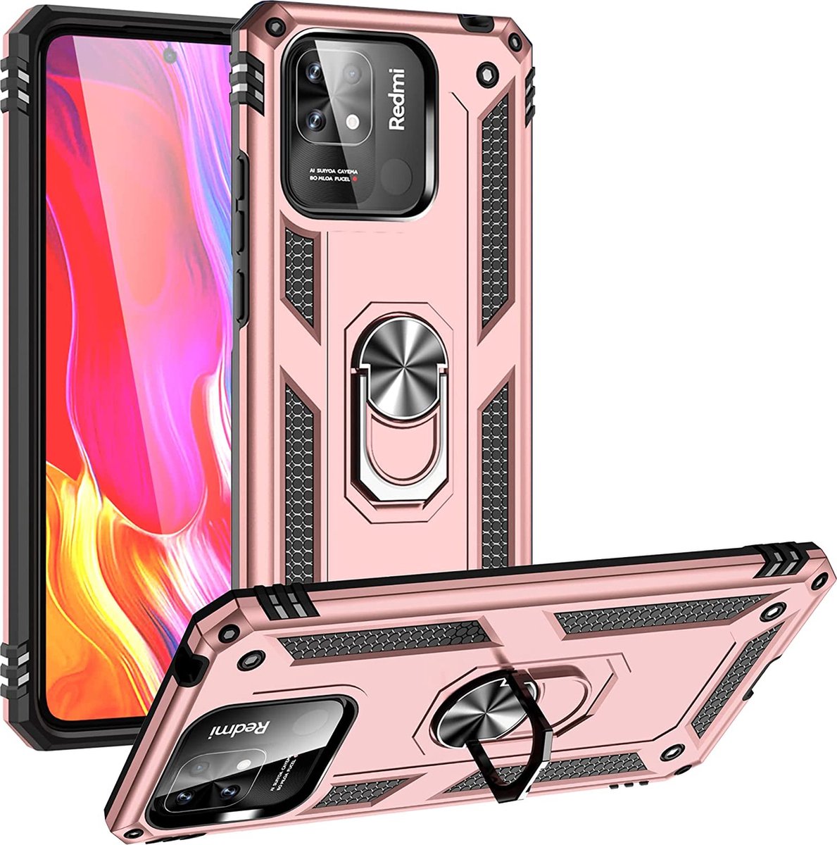 Anti-Shock Hybrid Ring Armor Hoesje Geschikt voor: Xiaomi Redmi 10C - rosegoud