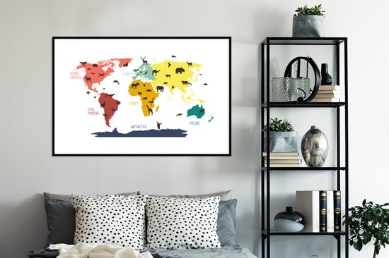 Wereldkaart Enfants - Animaux - Couleurs - Affiche scolaire - Chambre d'enfants - 120x80 cm