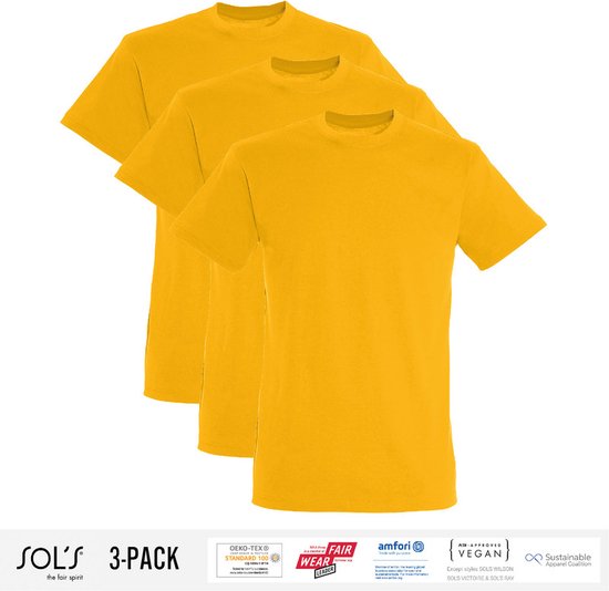 3 Pack Sol's Heren T-Shirt 100% biologisch katoen Ronde hals Geel Maat 3XL