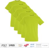 5 Pack Sol's Heren T-Shirt 100% biologisch katoen Ronde hals Appelgroen Maat XL