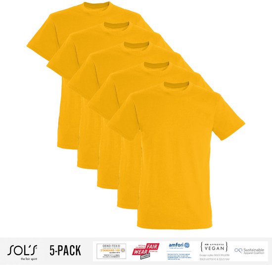 5 Pack Sol's Heren T-Shirt 100% biologisch katoen Ronde hals Geel Maat M