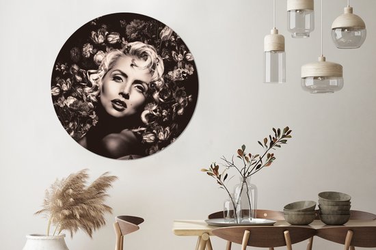 Cercle Mural - Cercle Mural Intérieur - Fleurs - Zwart - Wit - Femme - ⌀ 120 cm - Décoration murale - Peintures Ronds XXL
