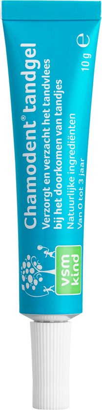 Turquoise tube met witte dop. Tekst: Chamodent tandgel.