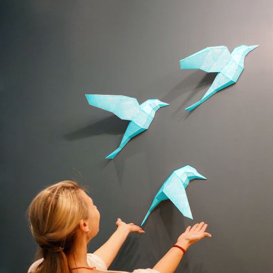 Foto: 3d papercraft kit vogeltjes compleet knutselpakket met snijmat liniaal vouwbeen mesje set van 3 blauw