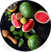 WallCircle - Wandcirkel - Muurcirkel - Watermeloen - Smoothie - Fruit - Citroenpers - Aluminium - Dibond - ⌀ 120 cm - Binnen en Buiten XXL