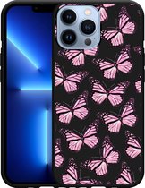 Geschikt voor Apple iPhone 13 Pro Max Hoesje Zwart Roze Vlinders - Designed by Cazy