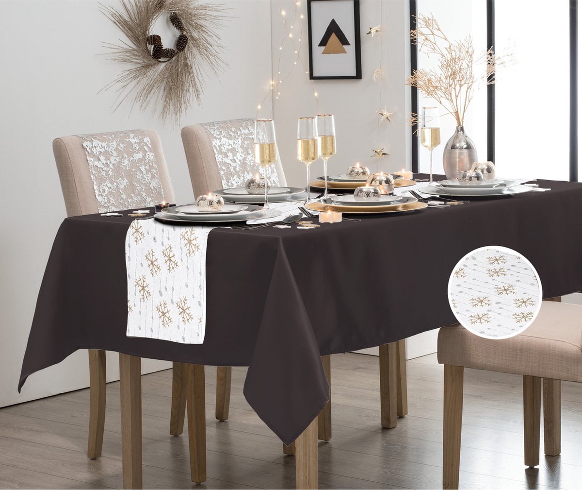 Atmosphera Tafelkleed/tafellaken zwart polyester 140 x 240cm met kerst tafelloper