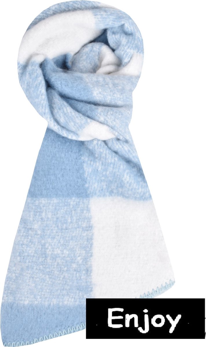 Sjaal- licht blauw geruit- wintersjaal - dikke -mooi afgewerkt festonsteek
