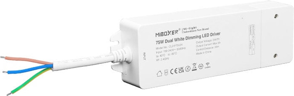 Mi-Light Mi-Boxer - (CL2-P75V24) - Dual White 24V 75W LED controller met interne voeding (Standaard) - Voor besturing van een Dual White (CCT) LED strip - Bediening met Mi-boxer afstandsbediening