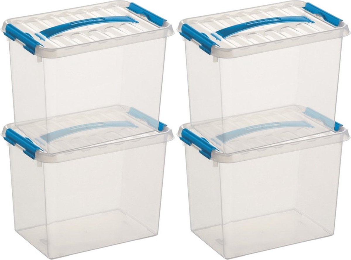 5x sunware q-line opberg box/opbergdoos - 9 liter - 30 x 20 x 22 cm - kunststof - opslagbox - transparant/blauw