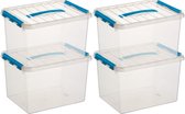 5x Sunware Q-Line opberg boxen/opbergdozen 22 liter 40 x 30 x 26 cm kunststof - opslagbox - Opbergbak kunststof transparant/blauw