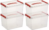 10x Sunware Q-Line opberg boxen/opbergdozen 22 liter 40 x 30 x 26 cm kunststof - opslagbox - Opbergbak kunststof transparant/rood