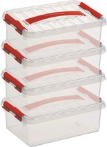 5x Sunware Q-Line opberg boxen/opbergdozen 4 liter 30 x 20 x 10 cm kunststof - platte/smalle opslagbox - Opbergbak kunststof transparant/rood