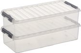 2x boîtes de rangement / boîtes de rangement Sunware Q-Line 6,5 litres 48,5 x 19 x 10,5 cm plastique - Boîte de rangement oblongue / étroite - Boîte de rangement plastique transparent / argent