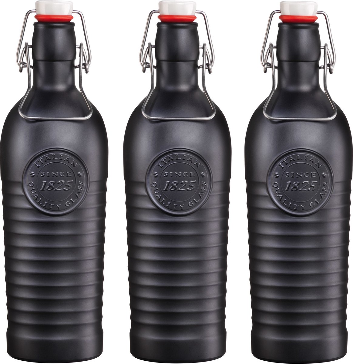 Bormioli Rocco beugelfles/weckfles - 3x - zwart - met beugeldop - 1200 ml - inmaakflessen - limonadeflessen