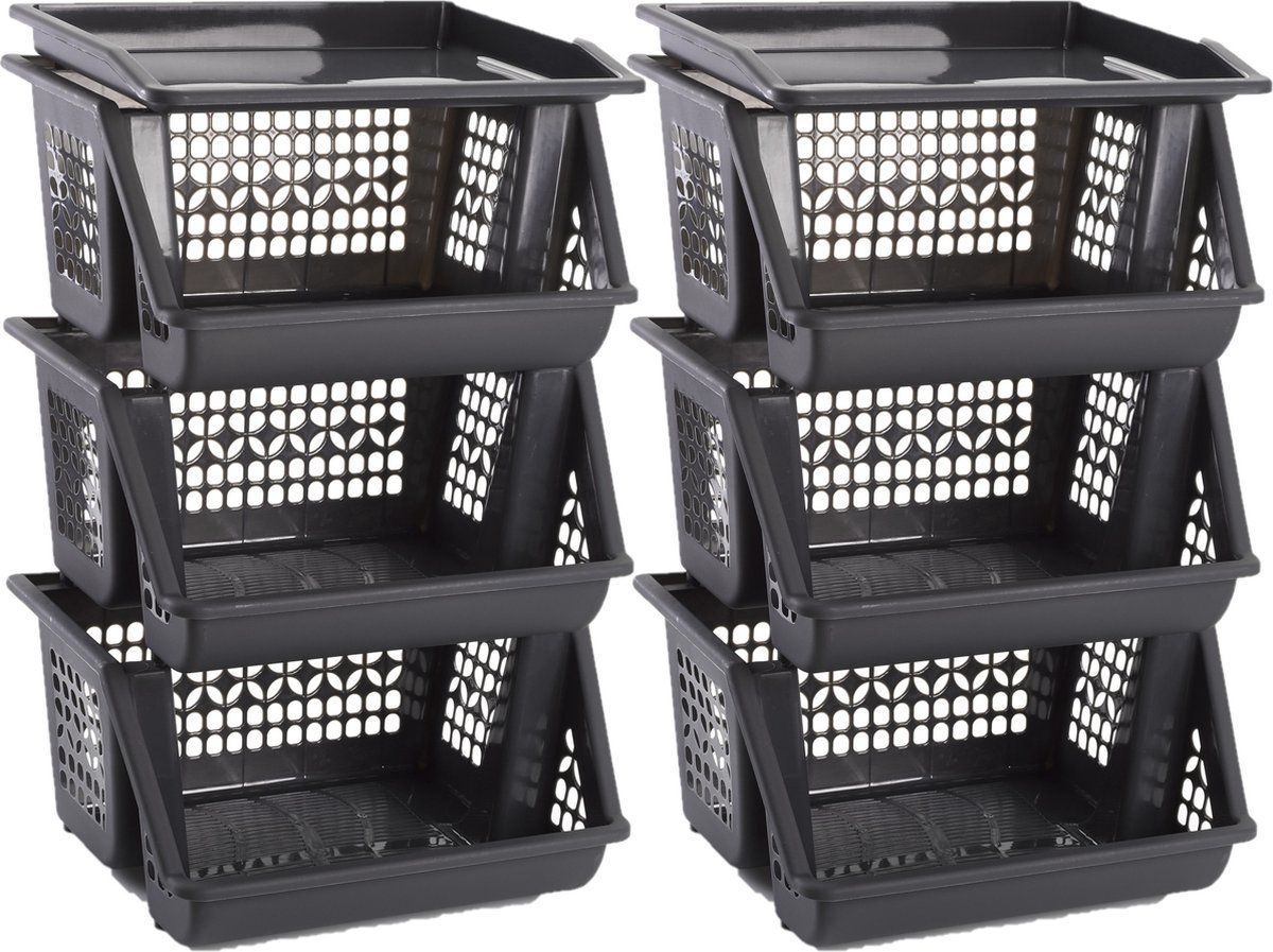 Plasticforte Opbergkrat - 3x - grijs - 3 vakken - 62 cm - Stapelkratten - Stapelbare manden