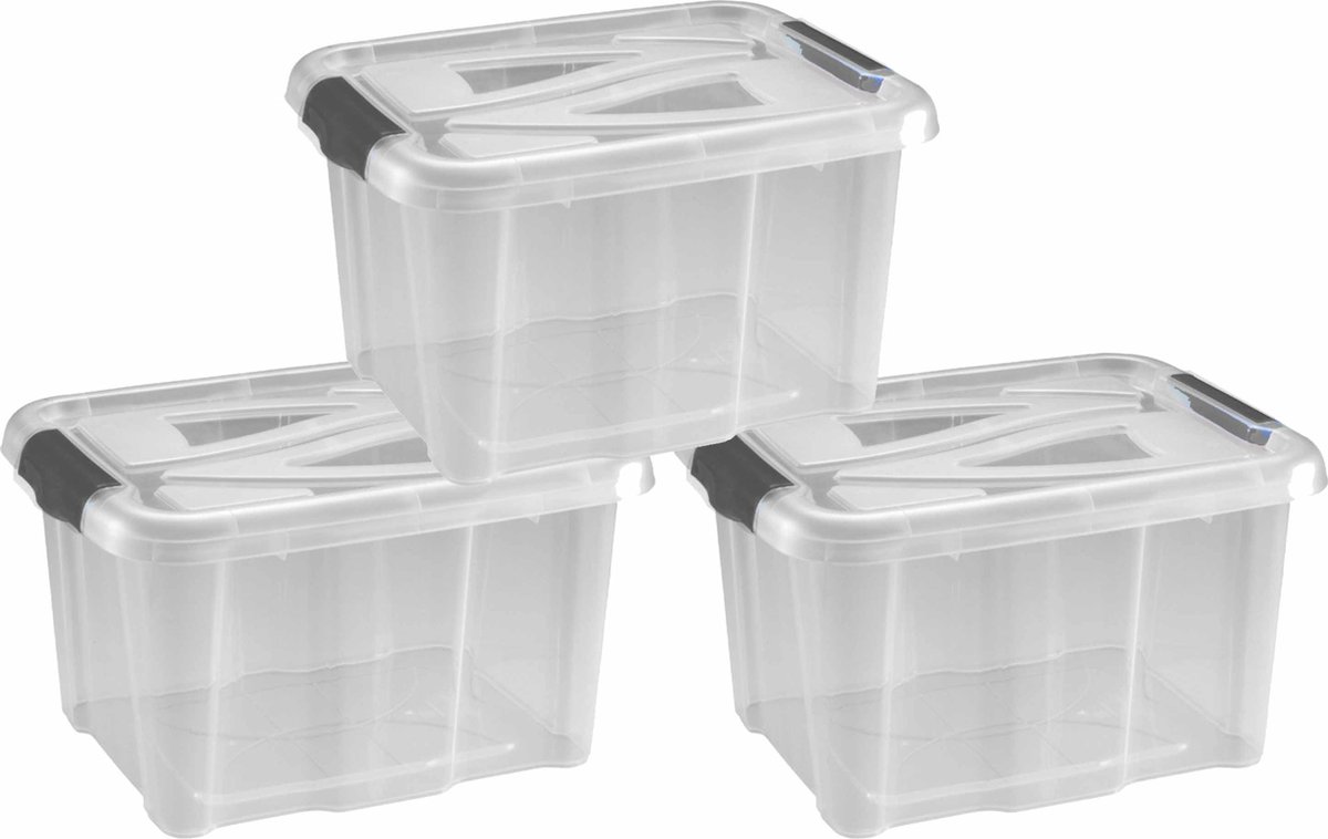 Hega Hogar opbergbox - 3x - transparant/blauw- 17 liter - 40 x 32 x 23 cm - kunststof - opbergdoos - Opbergbak